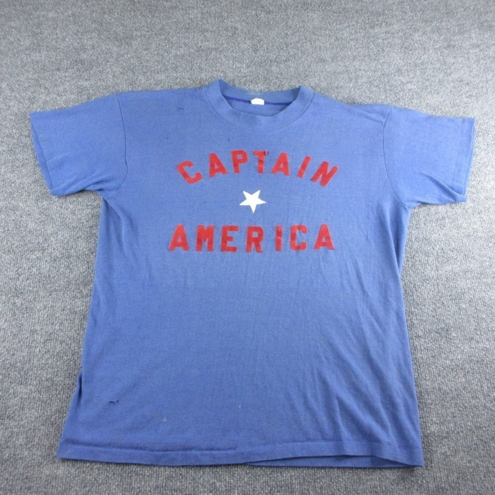 VINTAGE Captain America Shirt Adult L Blue‎ Short Sleeve Tee THRASHED Marvel